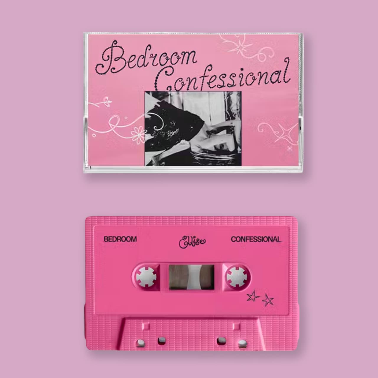 Pink cassette tape and jewel case cover for 'Bedroom Confessional' by Ellise, shown on a matching pink background.