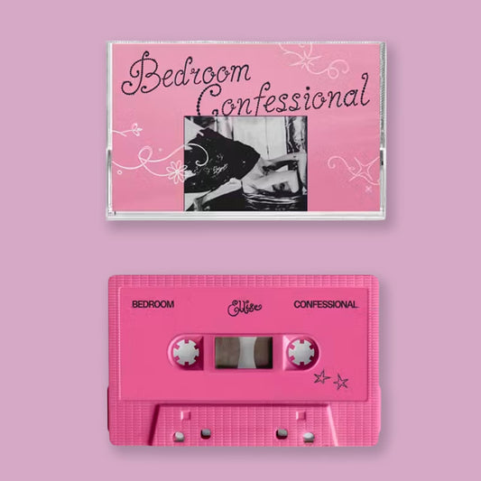 Pink cassette tape and jewel case cover for 'Bedroom Confessional' by Ellise, shown on a matching pink background.